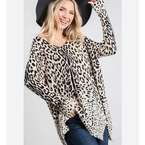 Ellison Tunic Sweater Linen Blend Animal Print V Neck Oversized Leopard‎ Knit S